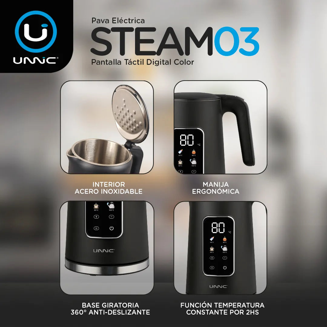 Pava Eléctrica Unnic Pantalla Digital Color Táctil Acero Inoxidable 1.7 L Temperatura Prestablecidas Ideal Para Mate Café Te Color Negro